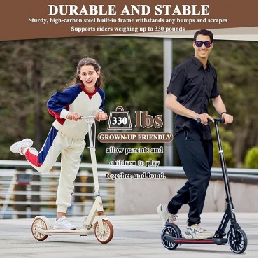 Commuter Adult Scooter 330 lbs Capacity, 8IN Solid Tires Big Wheels Scooters, 3 Handle Height Adjustable Levels, with Double Braking System, Foldable Scooter,Kick Scooter for Ages 6+